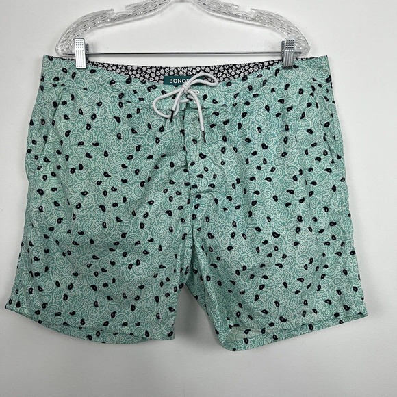 Bonobos Swim Trunks Men's 38 Green Seafoam Paisley Print 7" Inseam W Brief Liner - Picture 2 of 12